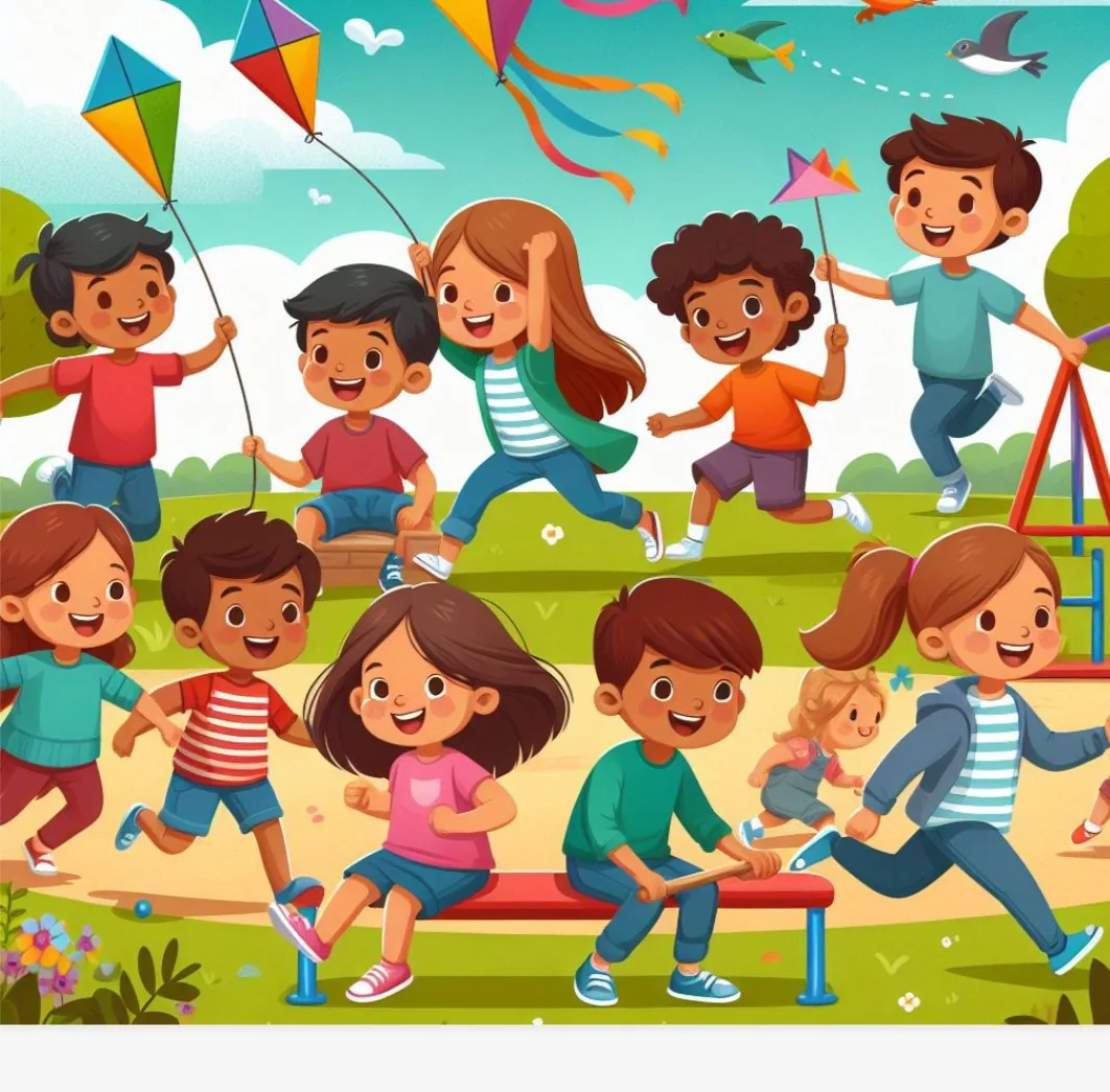 Illustration of diverse children playing kites and games in a park